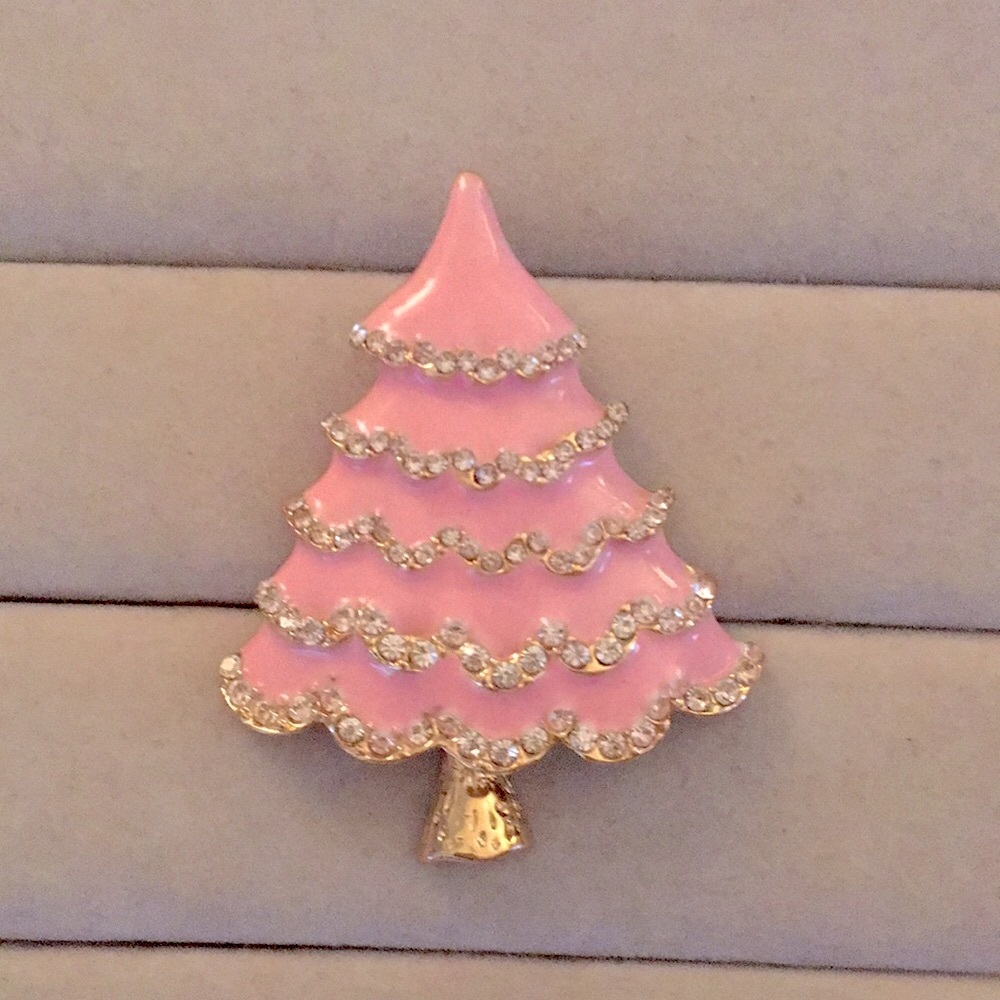 Pink + Gold Crystal Christmas Tree Brooch - Picture 4 of 6